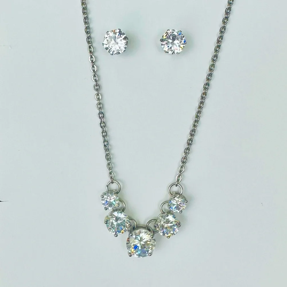 Glittering Silver-Tone CZ Drop Adjustable Necklace & Stud Earrings Set - Picture 1 of 5